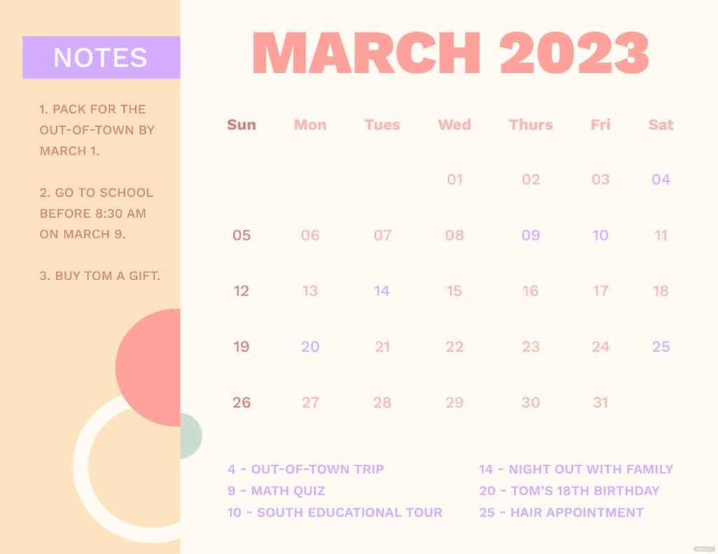 Colorful March 2023 Calendar Google Docs Illustrator Word Apple 