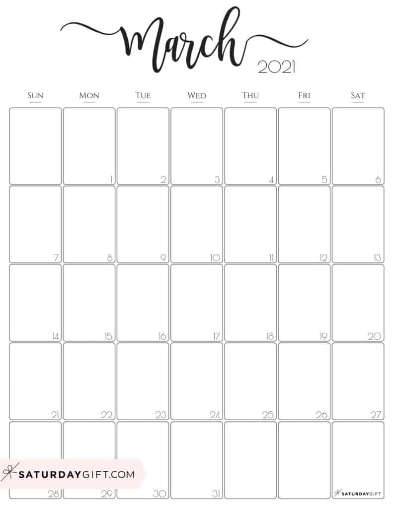 Cute Free Printable March 2021 Calendar SaturdayGift