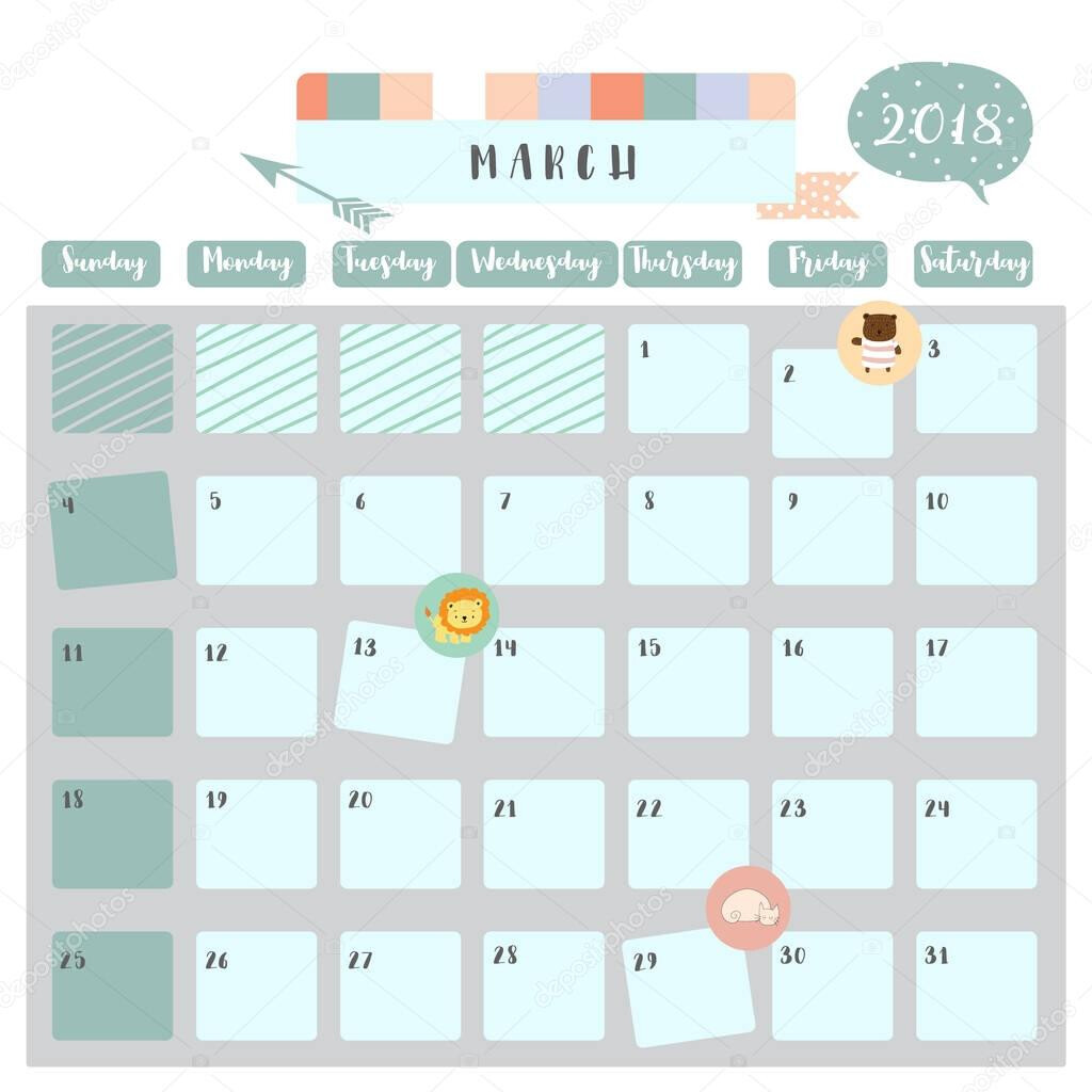 Cute March Calendar Colorful Cute March 2018 Calendar With Lion bear 