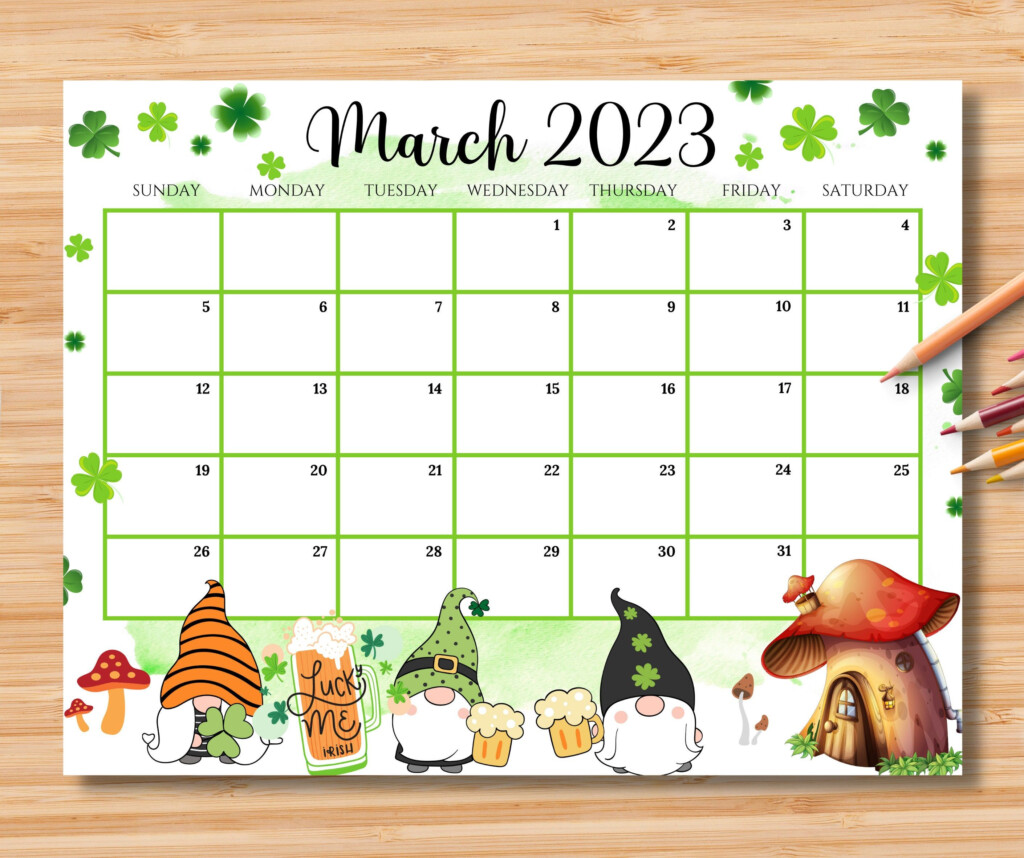 EDITABLE March 2023 Calendar Happy St Patrick s Day With Cute Gnomes 