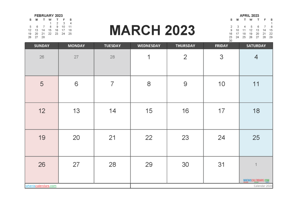 Editable March 2023 Calendar Printable 3 Month Template 