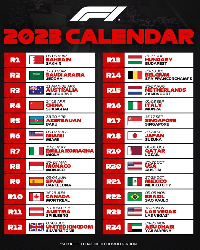 F1 Announces 24 race Calendar For 2023 Formula One World Championship