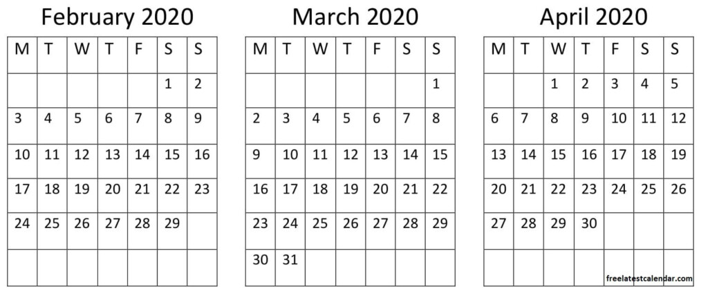 February March April 2020 Calendar A4 Print Sheet Holiday Calendar 