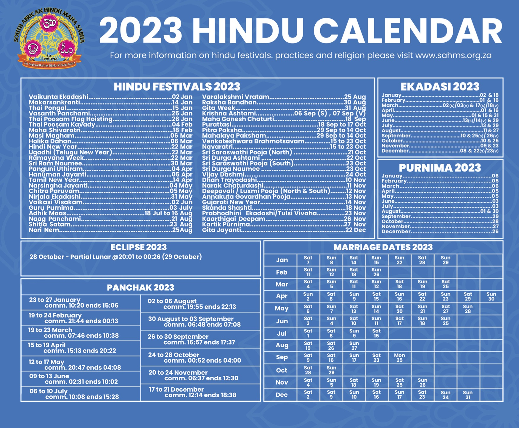 Hindu Calendar 2023 SAHMS South African Hindu Maha Sabha