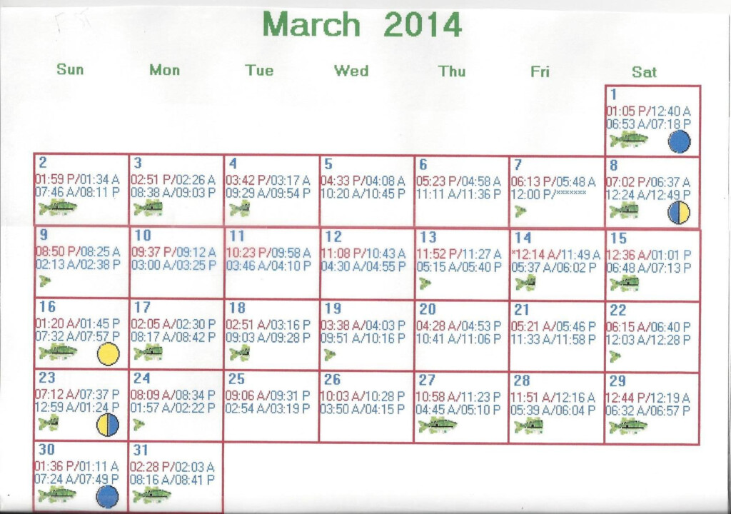 March 2014 Calendar For Hunting Fishing Times Specific To Wakulla 