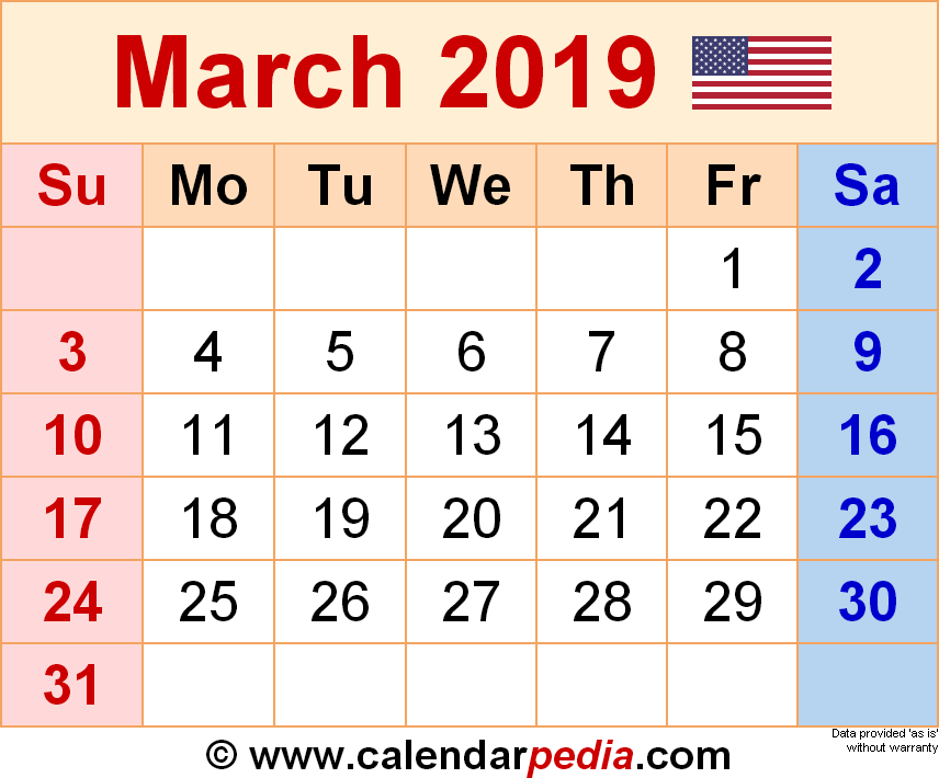 March 2019 Calendar Templates For Word Excel And PDF