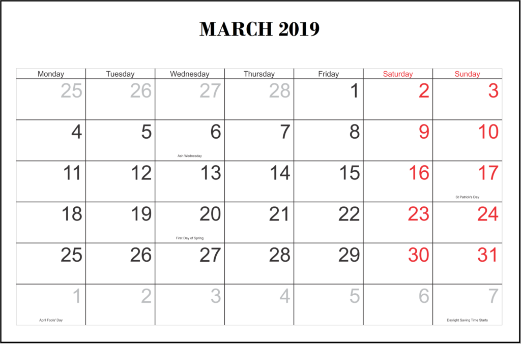 March 2019 Calendar With Holidays MarchCalendar HolidaysCalendar 