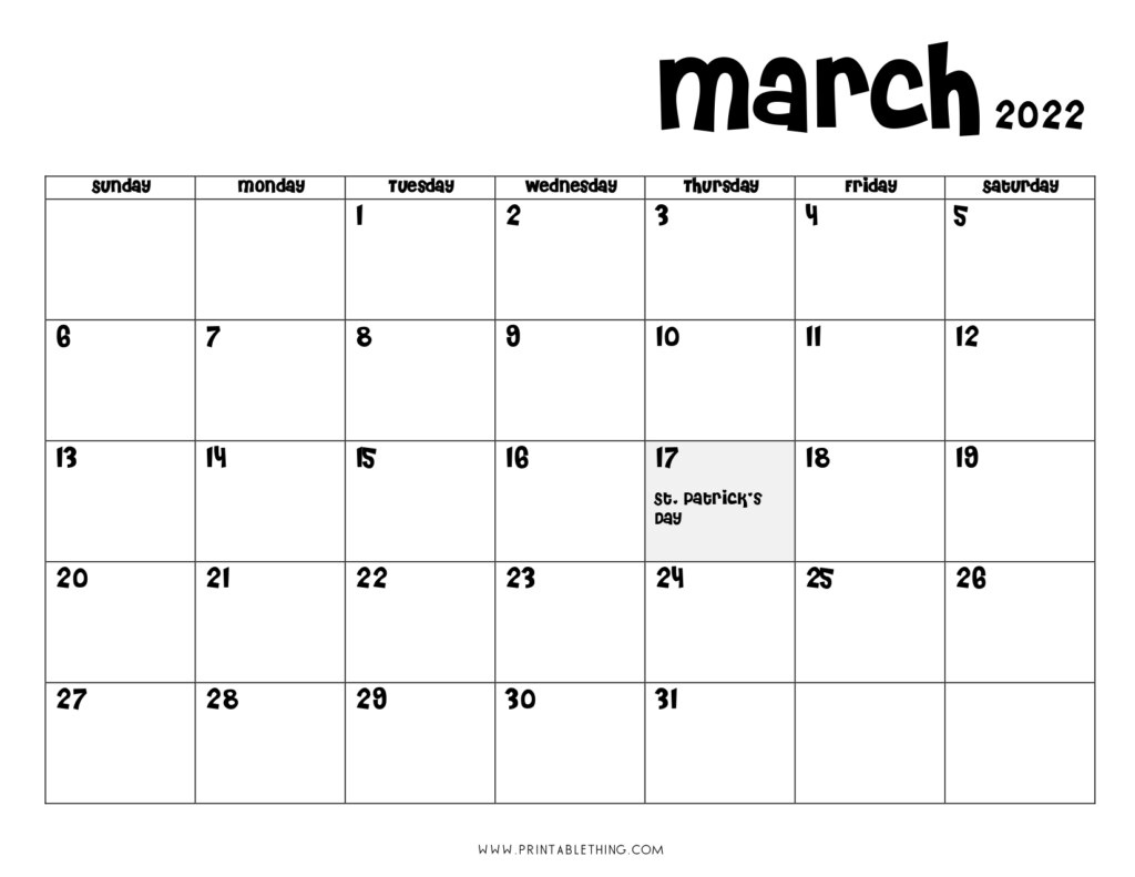 March 2022 Calendar Printable PDF US Holidays Blank Free Download