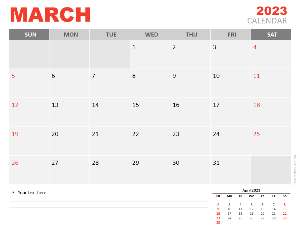 March 2023 Calendar For PowerPoint And Google Slides