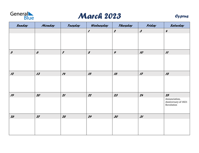 March 2023 Calendar With Cyprus Holidays