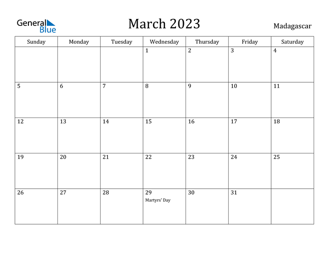 March 2023 Calendar With Madagascar Holidays