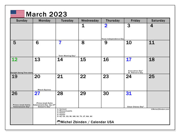 March 2023 Printable Calendar United States Michel Zbinden US