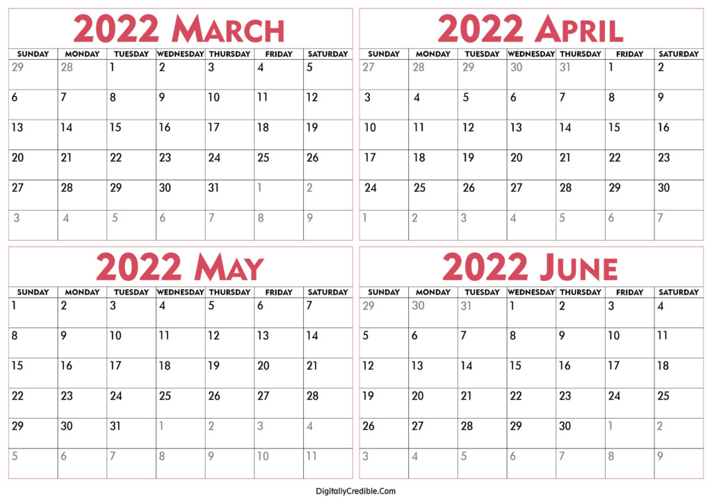March To June 2022 Calendar Four Months DigitallyCredible