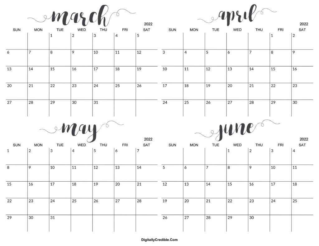 March To June 2022 Calendar Four Months DigitallyCredible