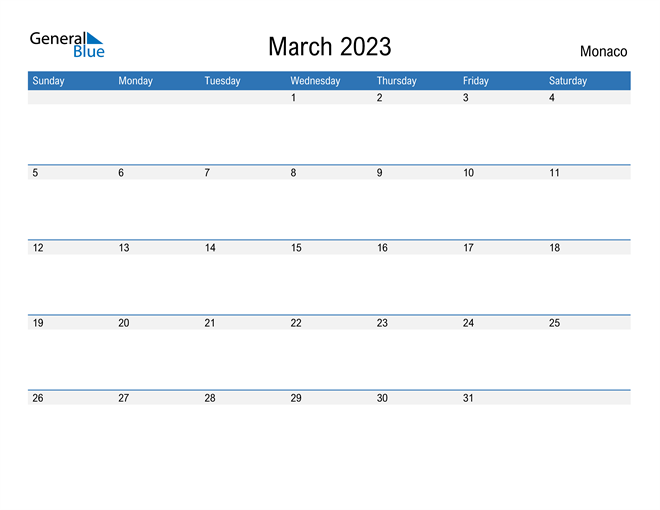 Monaco March 2023 Calendar With Holidays