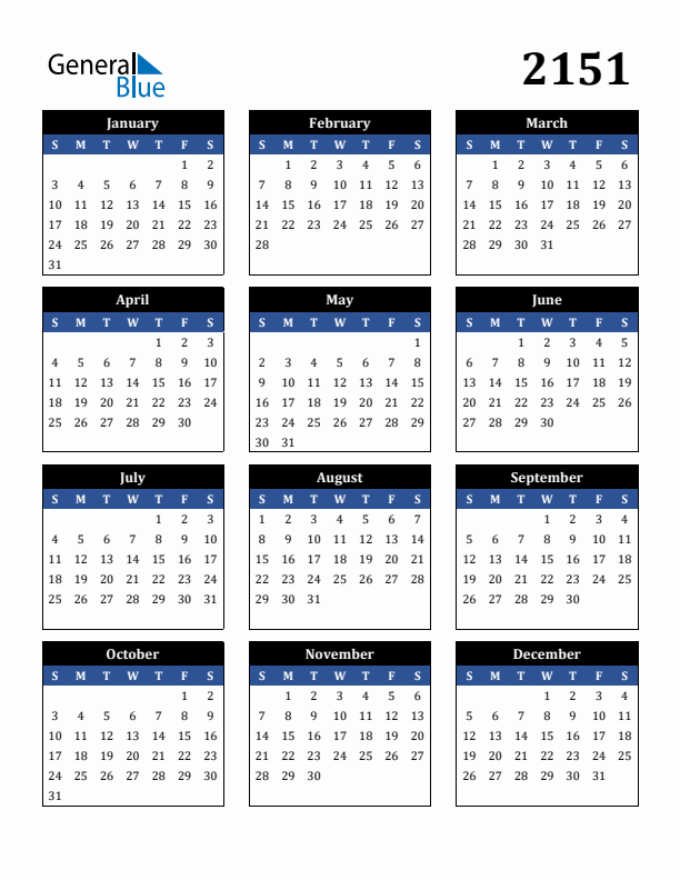 2151 Calendar PDF Word Excel