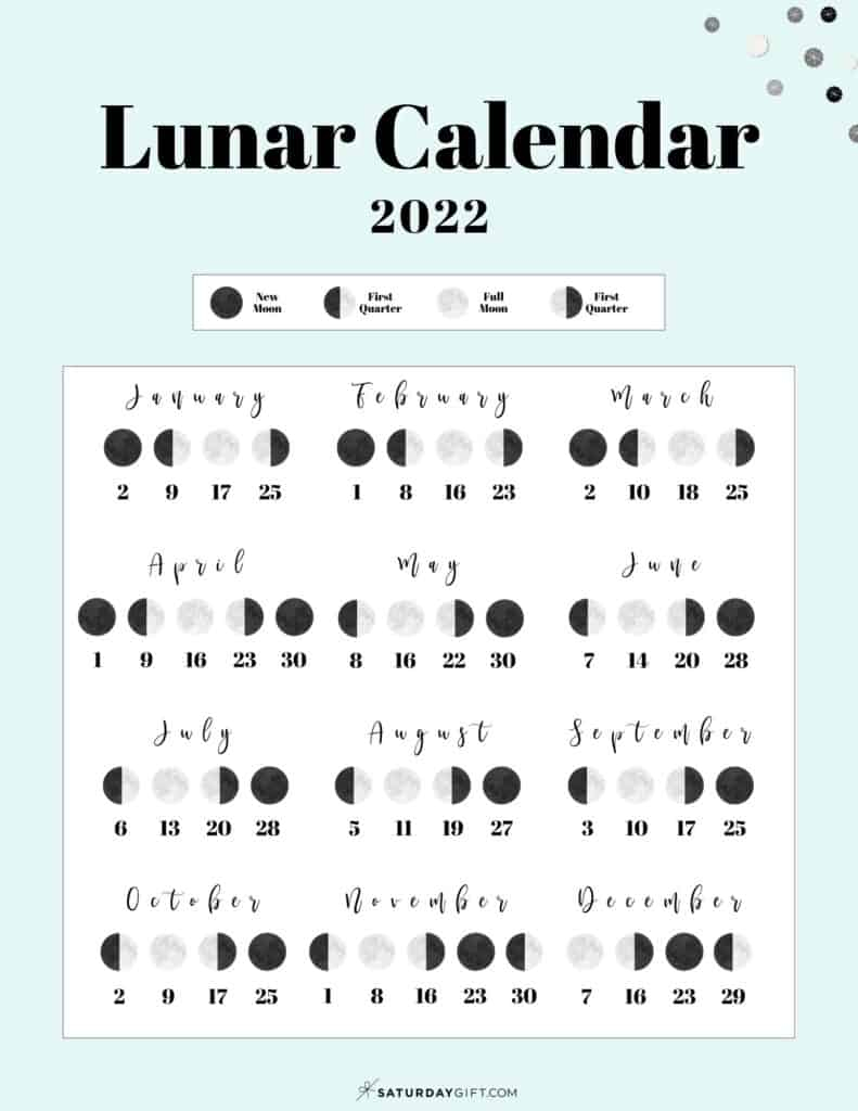 Cute Free Printable 2022 Lunar Calendar Moon Phases On One Page