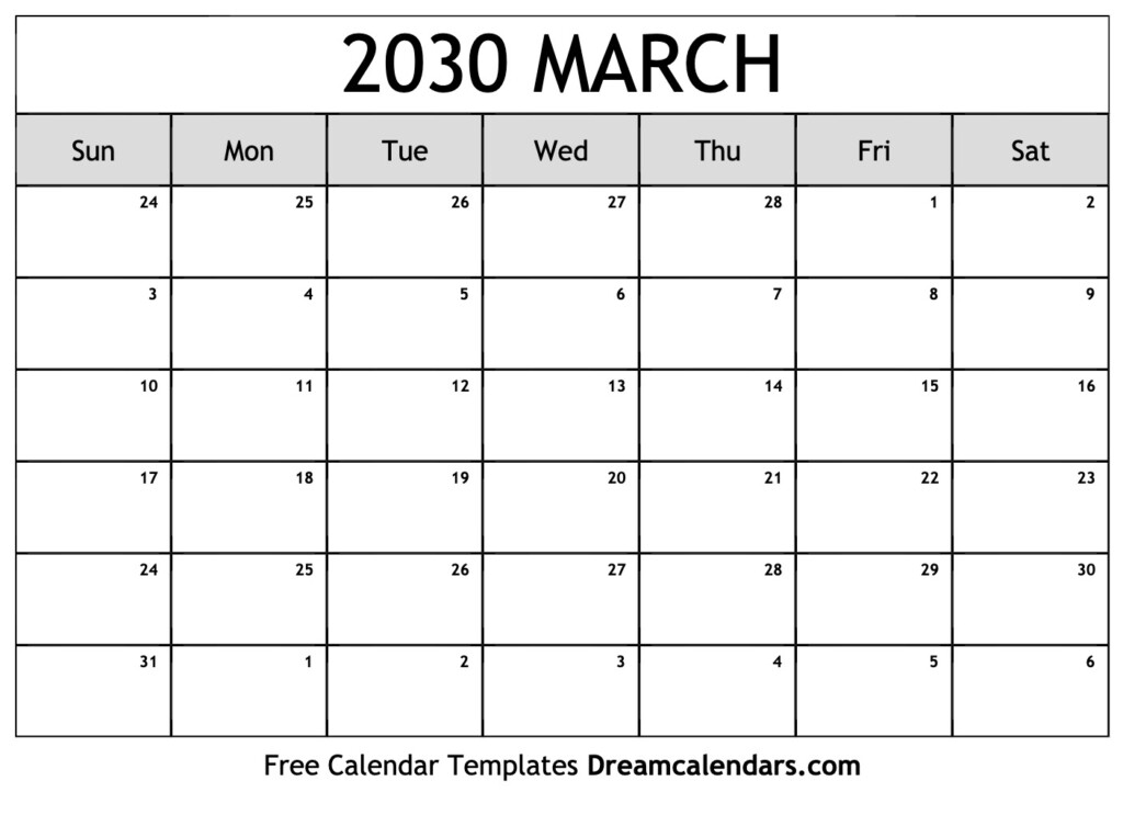 Download Printable March 2030 Calendars