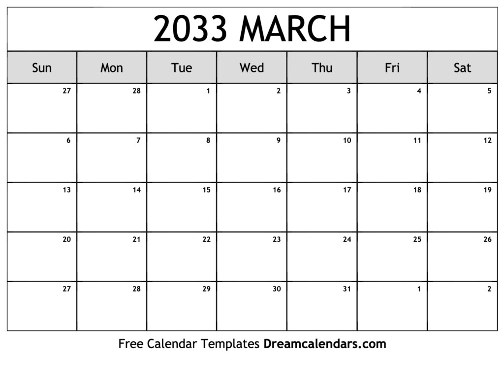 Download Printable March 2033 Calendars