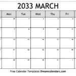 Download Printable March 2033 Calendars