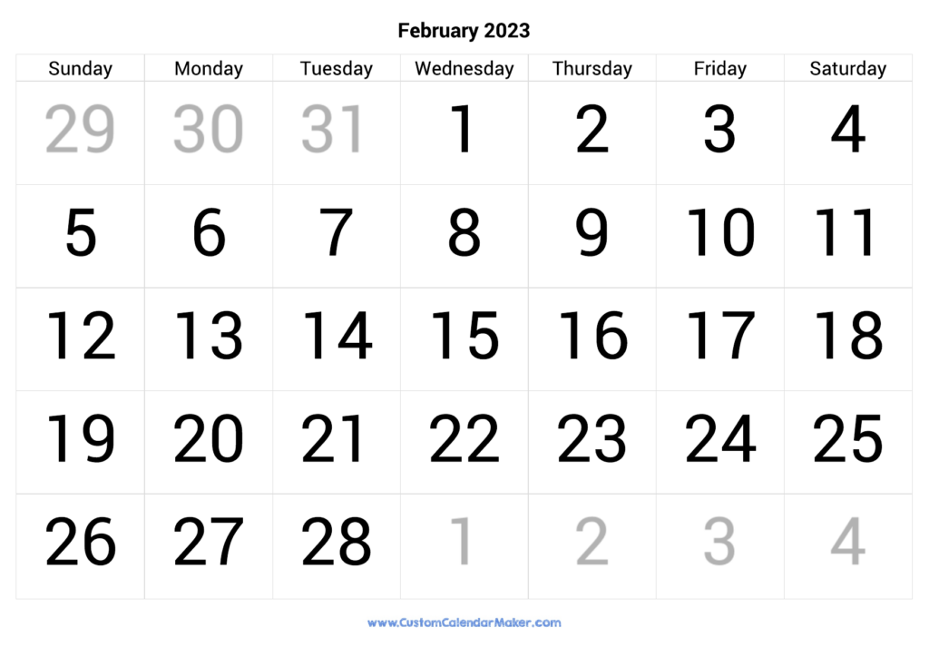 February 2023 Calendar Printable With Large Numbers