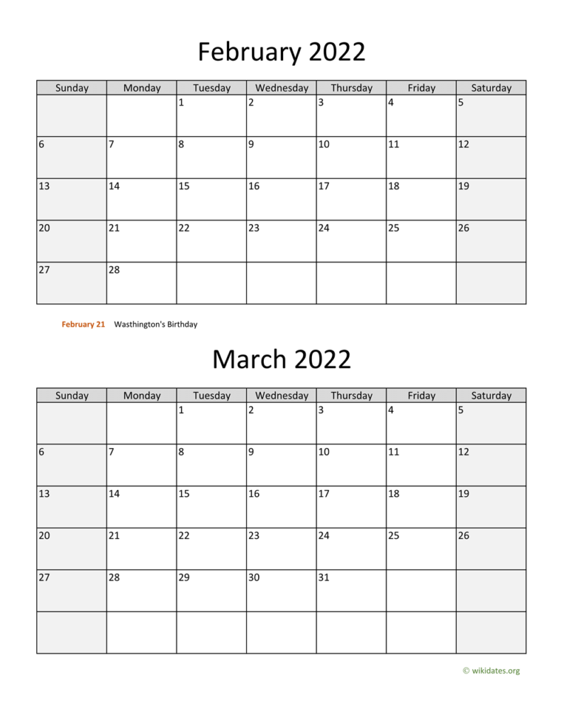 February And March 2022 Calendar WikiDates