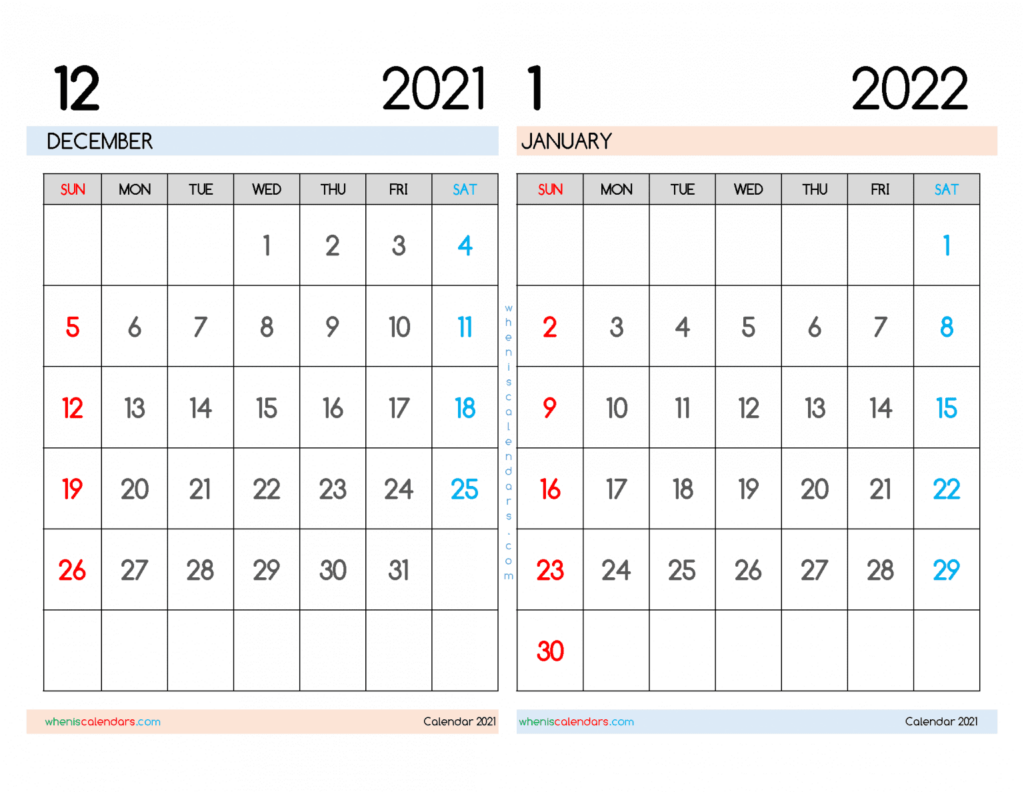 Free December 2021 January 2022 Calendar Printable PDF