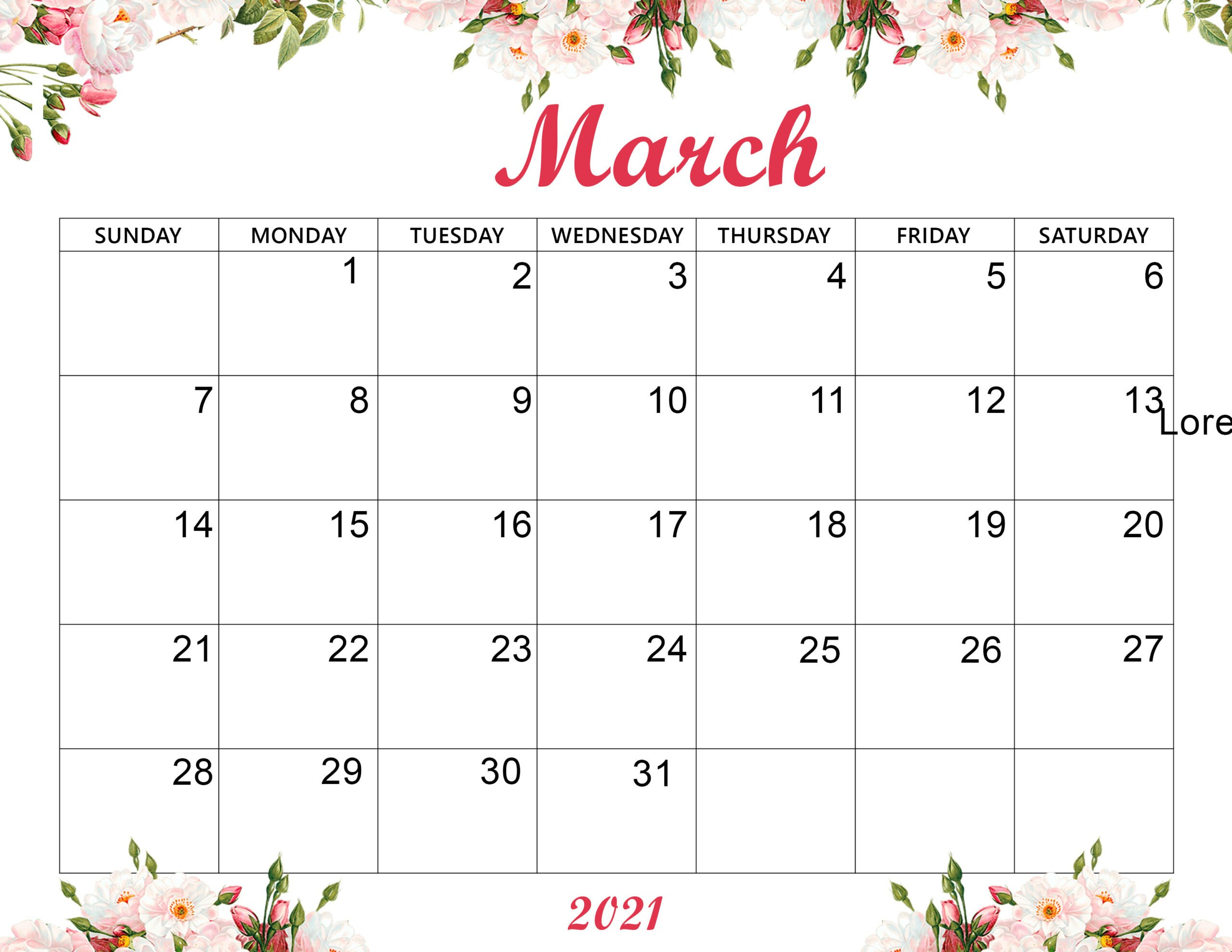 Free Download Cute March 2021 Calendar Desktop Wallpaper Printable