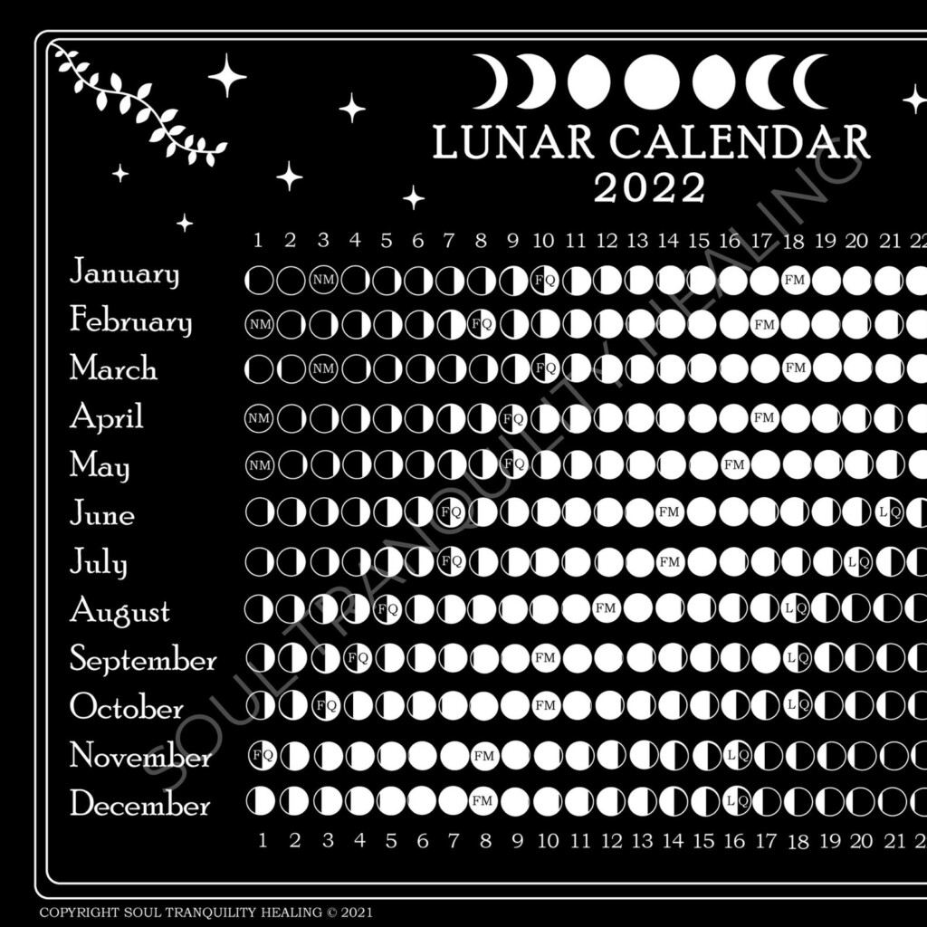 Lunar Calendar 365 Days And Moon Phases Calendar 2022 Moon Etsy