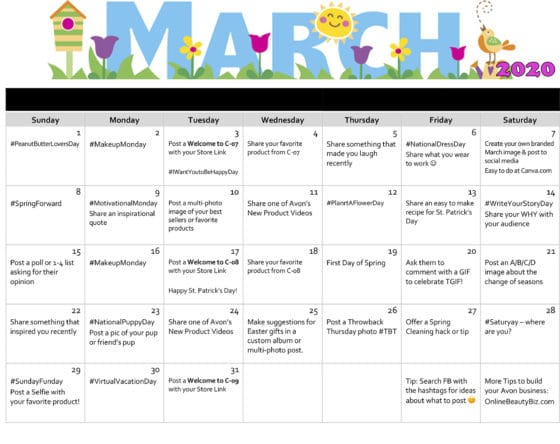 March 2020 Social Media Posts Calendar