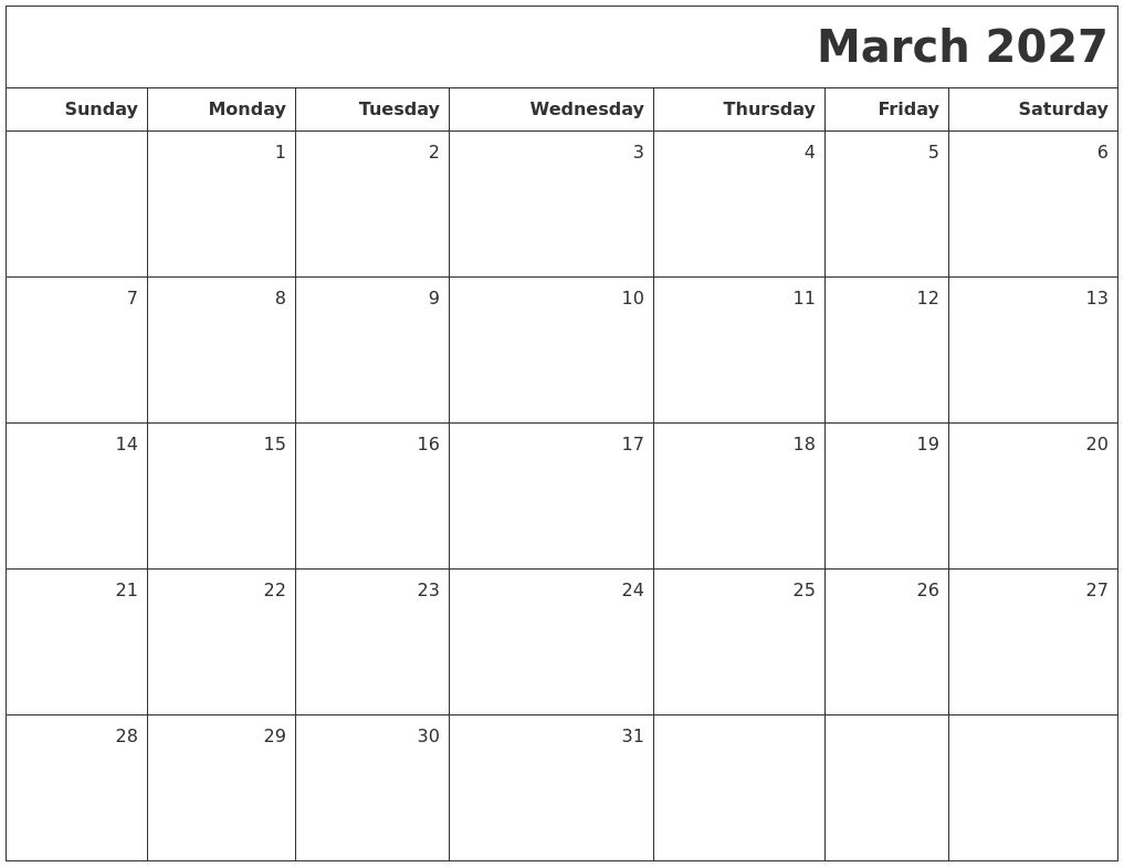 March 2027 Printable Blank Calendar