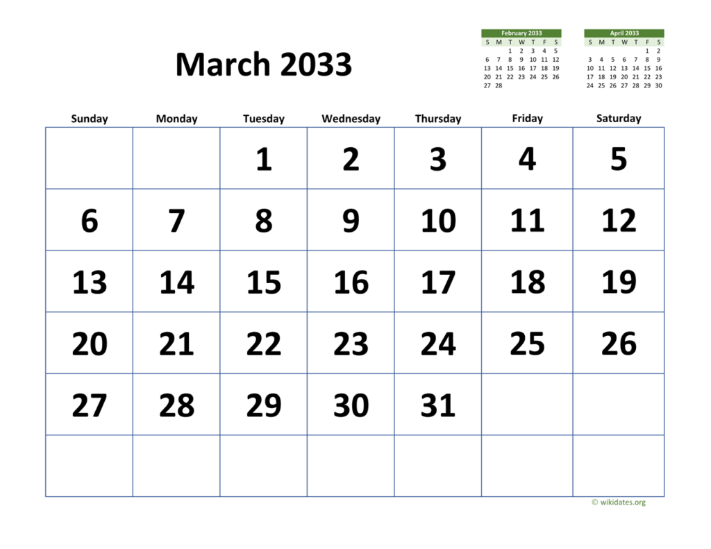 March 2033 Calendar With Extra large Dates WikiDates