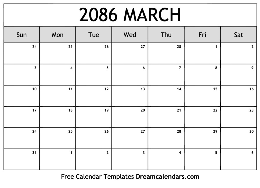 March 2086 Calendar Free Blank Printable Templates