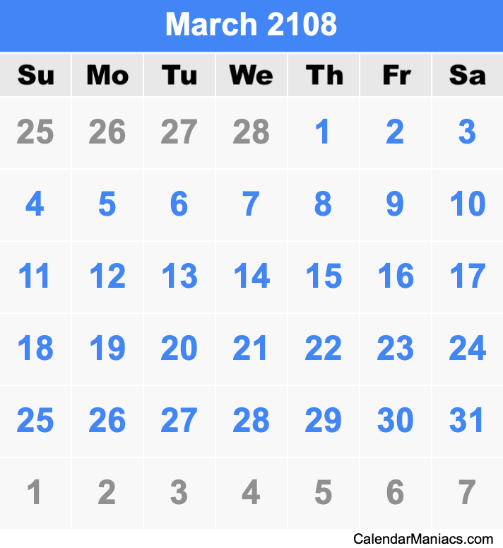 March 2108 Calendar