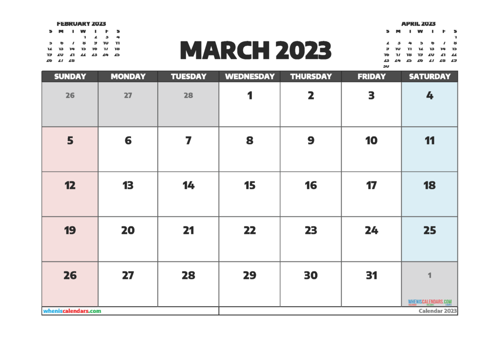 March And April 2023 Calendar With Holidays HolidayCalendars