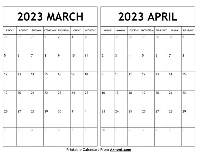 March April 2023 Calendar Templates Two Months