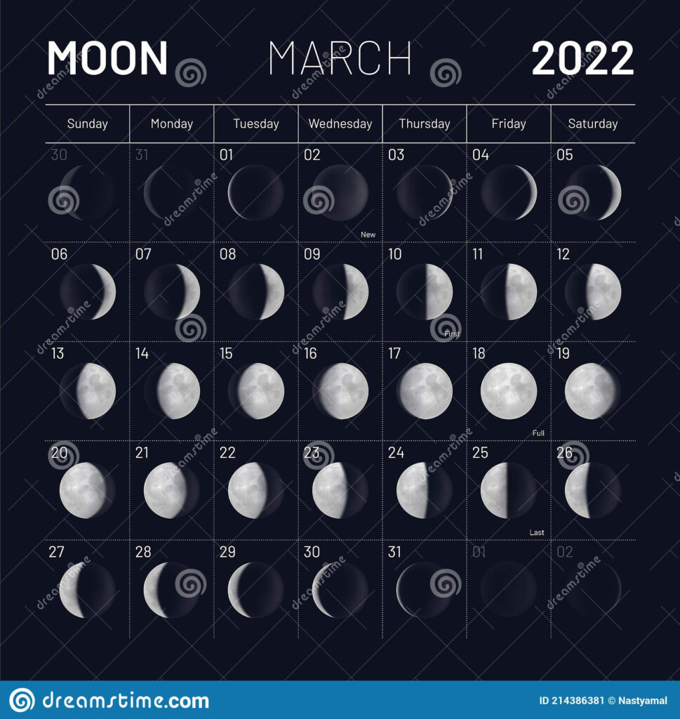March Moon Phases Calendar On Dark Night Sky Stock Vector 
