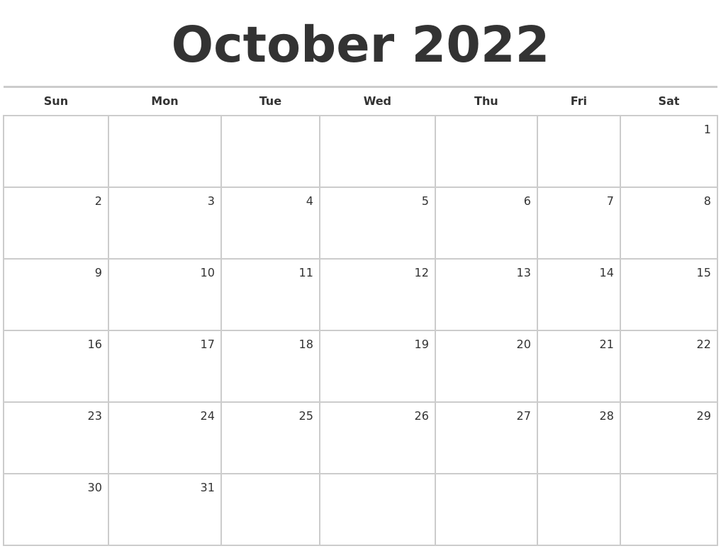 October 2022 Blank Monthly Calendar