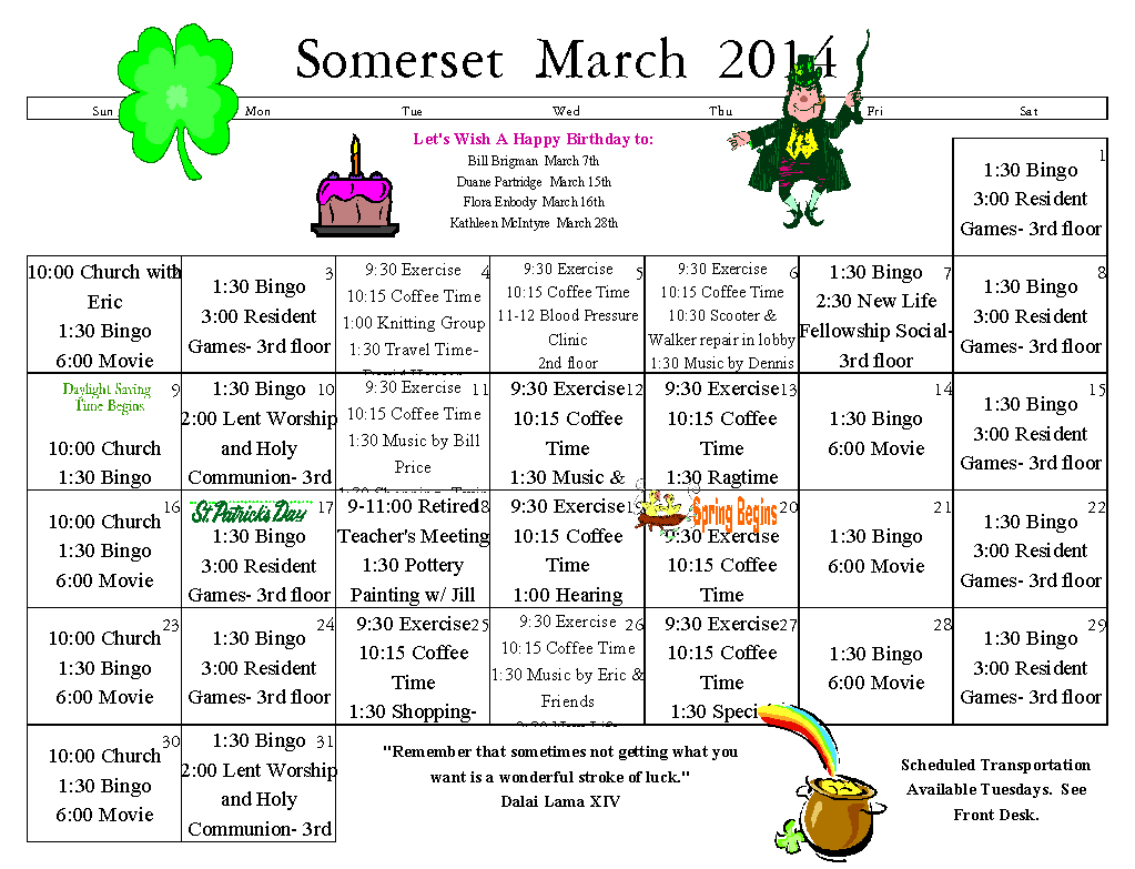Senior Calendar March 2014 Somerset Retirement Home And Assisted 
